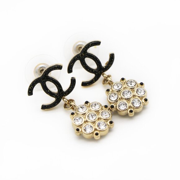 CHANEL Black and Gold Metal Crystal CC Drop Flower Earrings - Picture 2 of 4